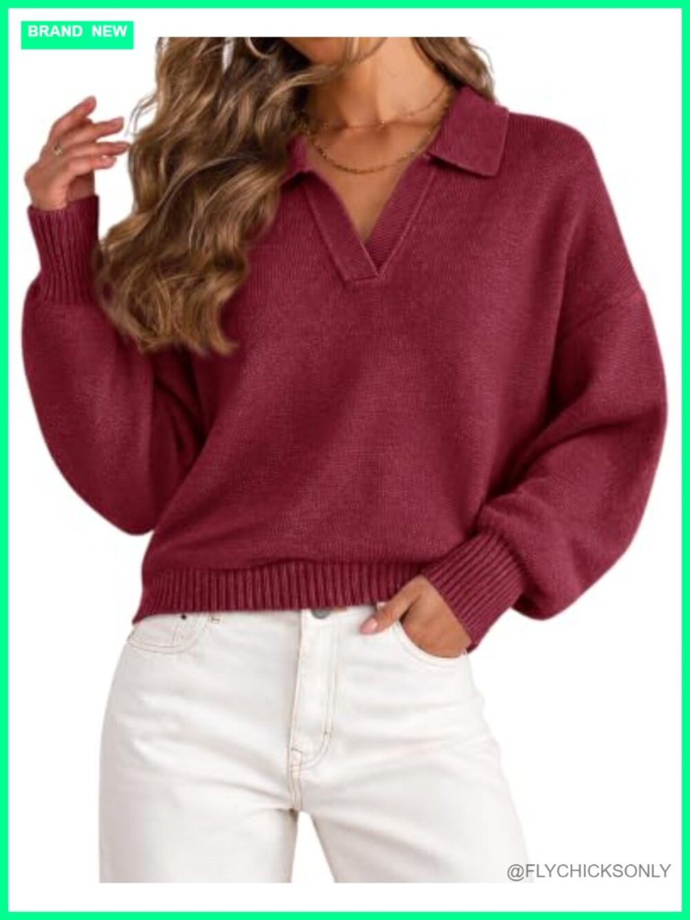Oversized Polo V Neck Knit Sweater Balloon Sleeve Pullover